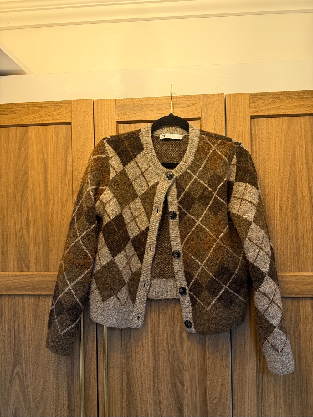Zara Brown & Tan Argyle Knit Cardigan Jacket